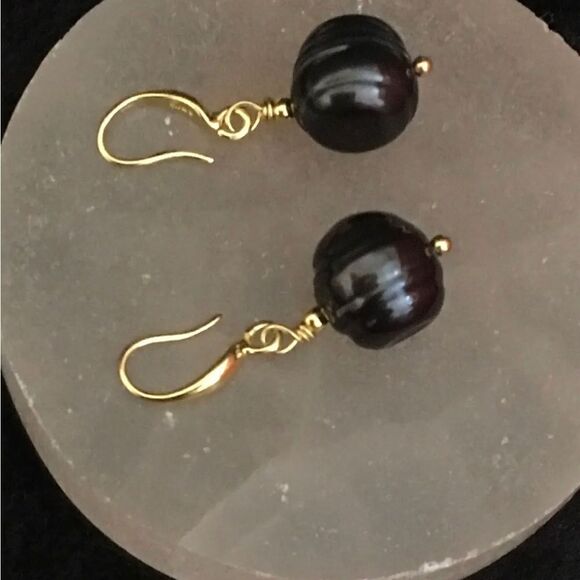 Tahitian Black Baroque Pearl Earrings 18KYG Over 925 Fine Silver - Picture 7 of 10